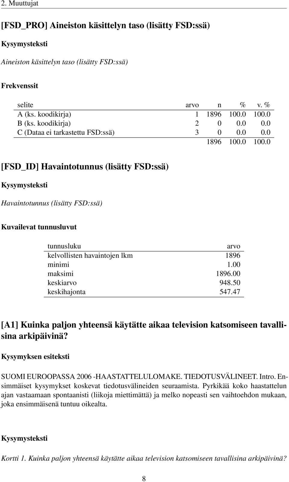 50 keskihajonta 547.47 [A1] Kuinka paljon yhteensä käytätte aikaa television katsomiseen tavallisina arkipäivinä? Kysymyksen esiteksti SUOMI EUROOPASSA 2006 -HAASTATTELULOMAKE. TIEDOTUSVÄLINEET.