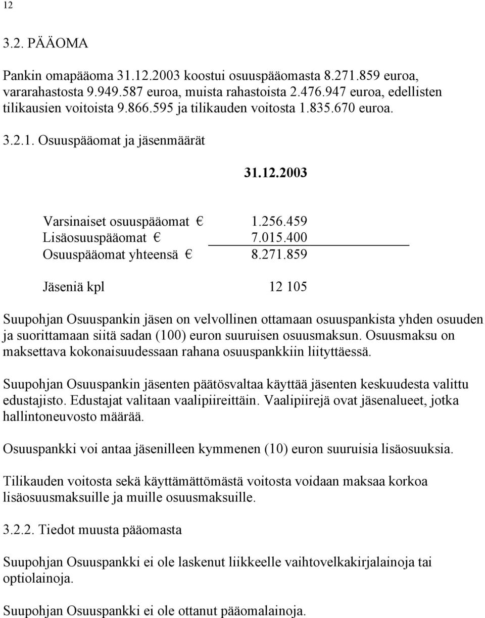 859 Jäseniä kpl 12 105 Suupohjan Osuuspankin jäsen on velvollinen ottamaan osuuspankista yhden osuuden ja suorittamaan siitä sadan (100) euron suuruisen osuusmaksun.