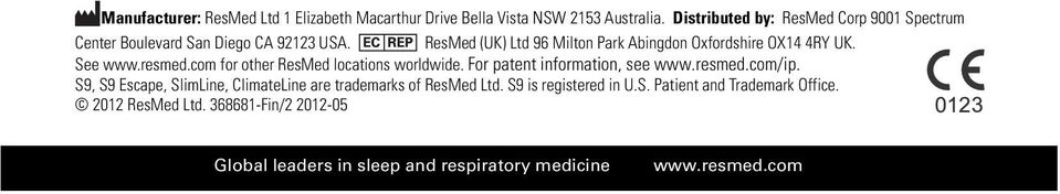 ResMed (UK) Ltd 96 Milton Park Abingdon Oxfordshire OX14 4RY UK. See www.resmed.com for other ResMed locations worldwide.