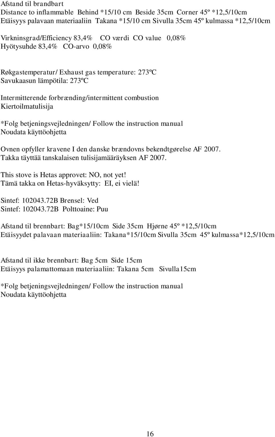 forbrænding/intermittent combustion Kiertoilmatulisija *Folg betjeningsvejledningen/ Follow the instruction manual Noudata käyttöohjetta Ovnen opfyller kravene I den danske brændovns bekendtgørelse