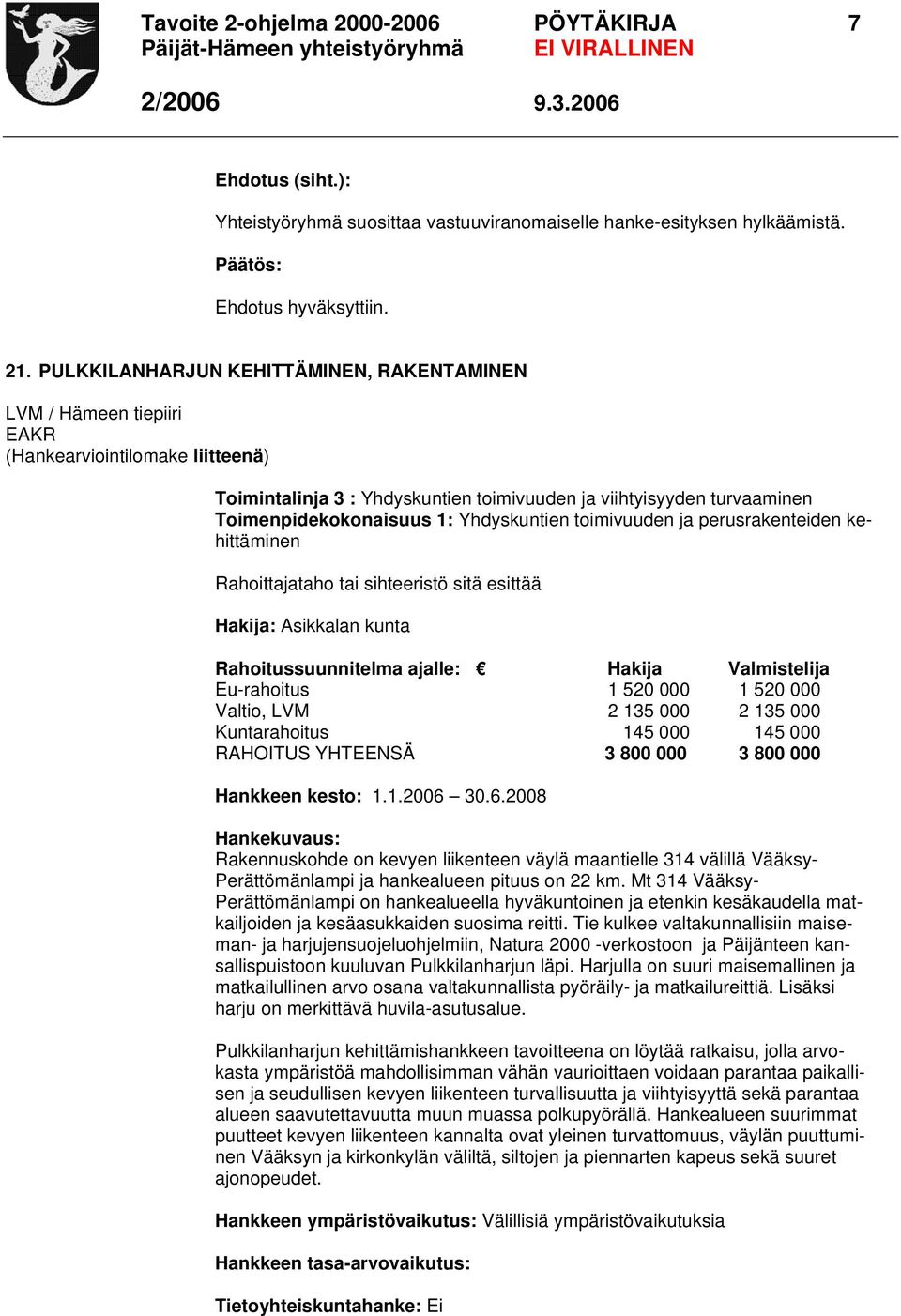 Yhdyskuntien toimivuuden ja perusrakenteiden kehittäminen Rahoittajataho tai sihteeristö sitä esittää Hakija: Asikkalan kunta Rahoitussuunnitelma ajalle: Hakija Valmistelija Eu-rahoitus 1 520 000 1