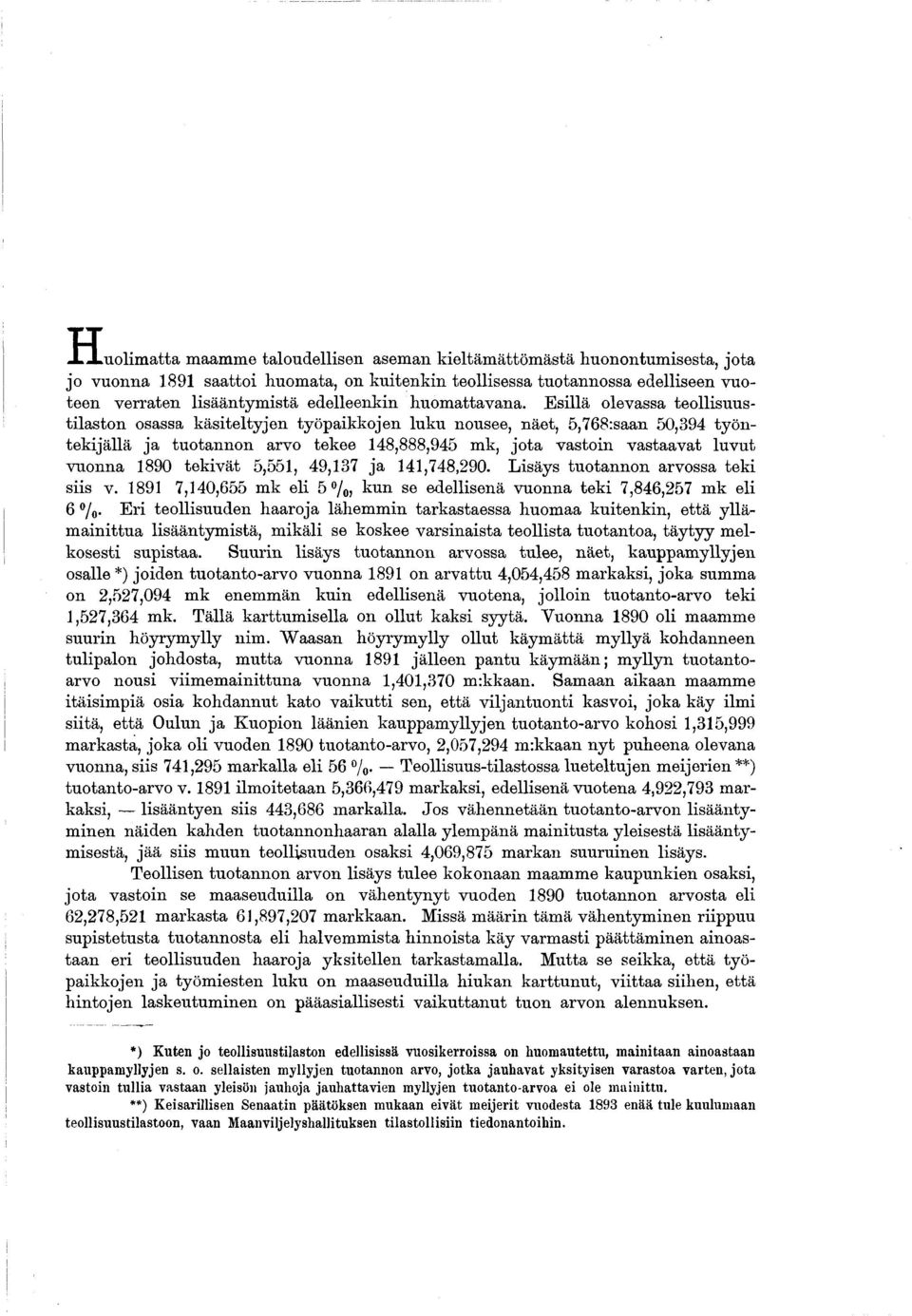 E sllä olevassa teollsuustlaston osassa kästeltyjen työpakkojen luku nousee, näet,,78:saan 0,9 työntekjällä ja tuotannon arvo tekee 8,888,9 mk, jota vaston vastaavat luvut vuonna 890 tekvät,, 9,7