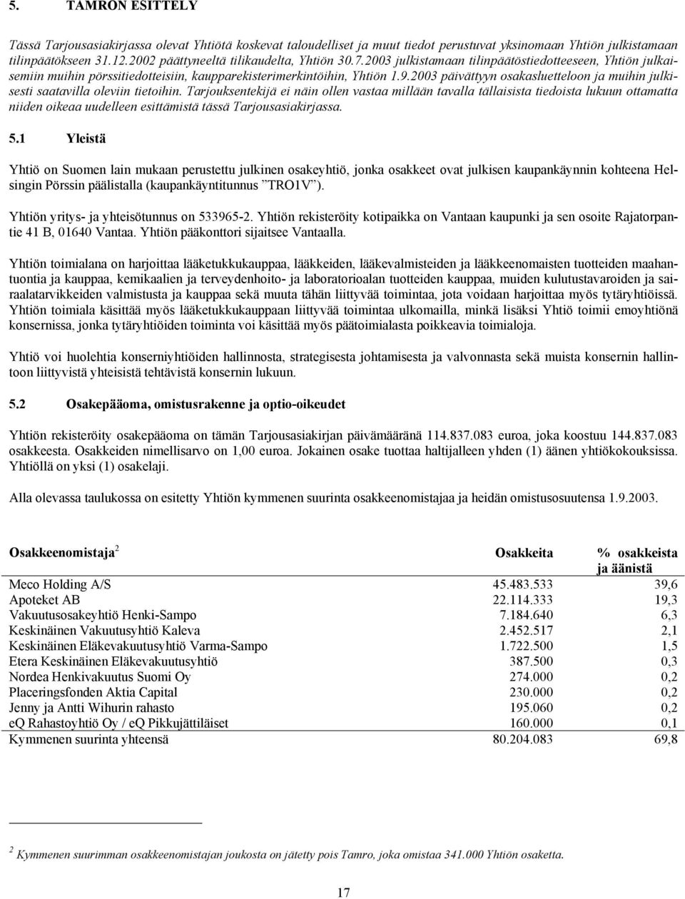 2003 päivättyyn osakasluetteloon ja muihin julkisesti saatavilla oleviin tietoihin.