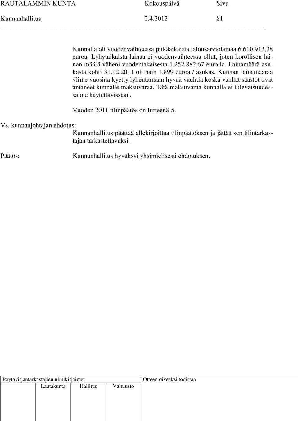 2011 oli näin 1.899 euroa / asukas. Kunnan lainamäärää viime vuosina kyetty lyhentämään hyvää vauhtia koska vanhat säästöt ovat antaneet kunnalle maksuvaraa.