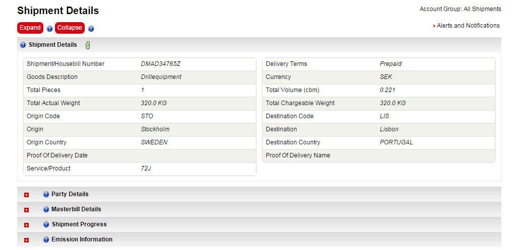 LENTOLÄHETYKSEN SEURANTAVALIKOT Klikkaa yläreunasta Expand niin saat näkyviin kaikki lähetykseen liittyvät tiedot Shipment Details: lähetyksen tavarakuvaus, mitat, toimitusehdot jne.