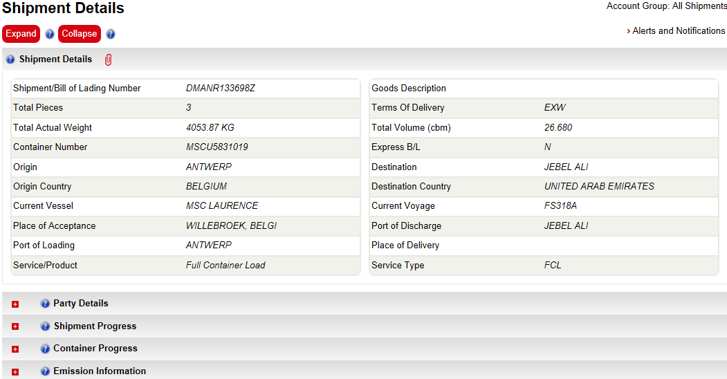 MERILÄHETYKSEN SEURANTAVALIKOT Klikkaa yläreunasta Expand niin saat näkyviin kaikki lähetykseen liittyvät tiedot Shipment Details: lähetyksen tavarakuvaus, mitat, toimitusehdot jne.