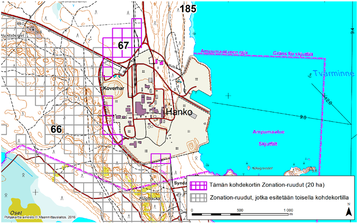 Hanko, Zonation-aluetunnus 67 HANKO (67) Kolmiosainen alue rajautuu välittömästi Koverharin teollisuusalueeseen. Alue on asumatonta ja pääosin hiekkapohjaista metsää.