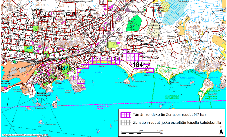 Hanko, Zonation-aluetunnus 184 HANKO (184) Alue sijaitsee aivan Hangon keskustan tuntumassa Hankoniemen etelärannalla Puistovuoren, Kolavikenin ja Råuddenin ympäristössä.