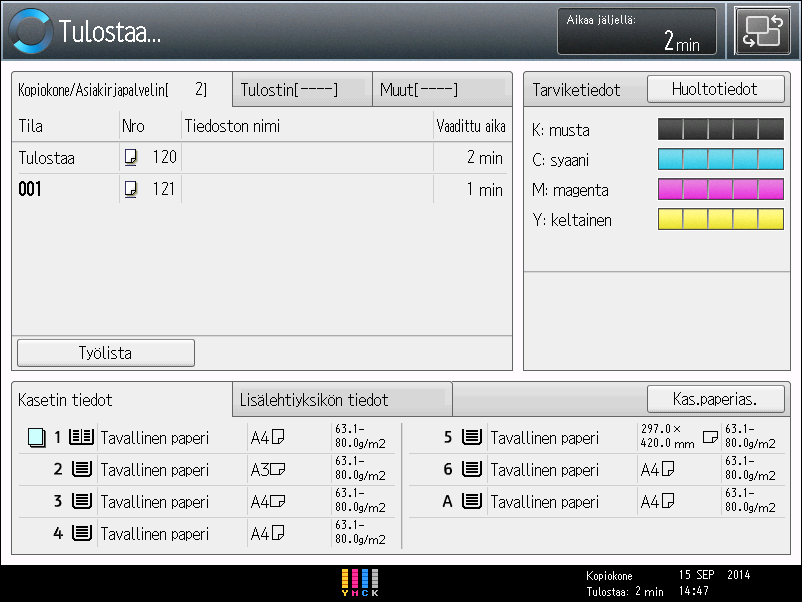 2. Aluksi [Päänäytön] ja [Pääsivu]-näytön käyttäminen [Päänäyttö] avautuu, kun laite käynnistetään. [Päänäytöltä] voit tarkistaa työlistat, väriaineen tilan ja paperin tilan.