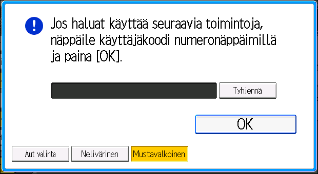 Laitteelle kirjautuminen Laitteelle kirjautuminen Kun todennusnäyttö avautuu Todennusnäyttö avautuu, jos perustodennus, Windows-todennus tai LDAP-todennus on käytössä.