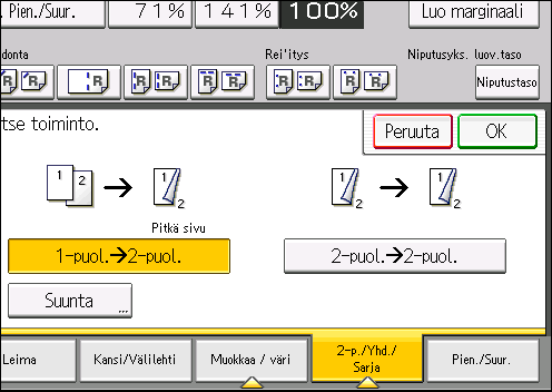 3. Kopiointi Alkuperäinen Alkuperäisten asettaminen Alkuperäisen suunta Suunta Kopiointi Lyhyt sivu 1. Paina [2-p./Yhd./Sarja]. 2. Varmista, että [2-puoleisuus] on valittu.