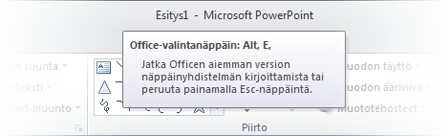 Tietoja näppäinvihjeistä Toimivatko pikanäppäimet edelleen? PowerPoint 2010 sisältää valintanauhan pikanäppäimiä (eli näppäinvihjeitä), joilla voit suorittaa tehtäviä nopeasti hiirtä käyttämättä.