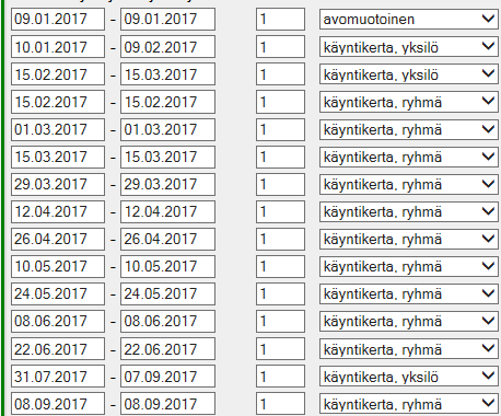 21 Esimerkki 2 Esimerkki 3 (kaikki ryhmäkäyntikerrat eivät mahdu 15 kenttään) Esimerkki 4