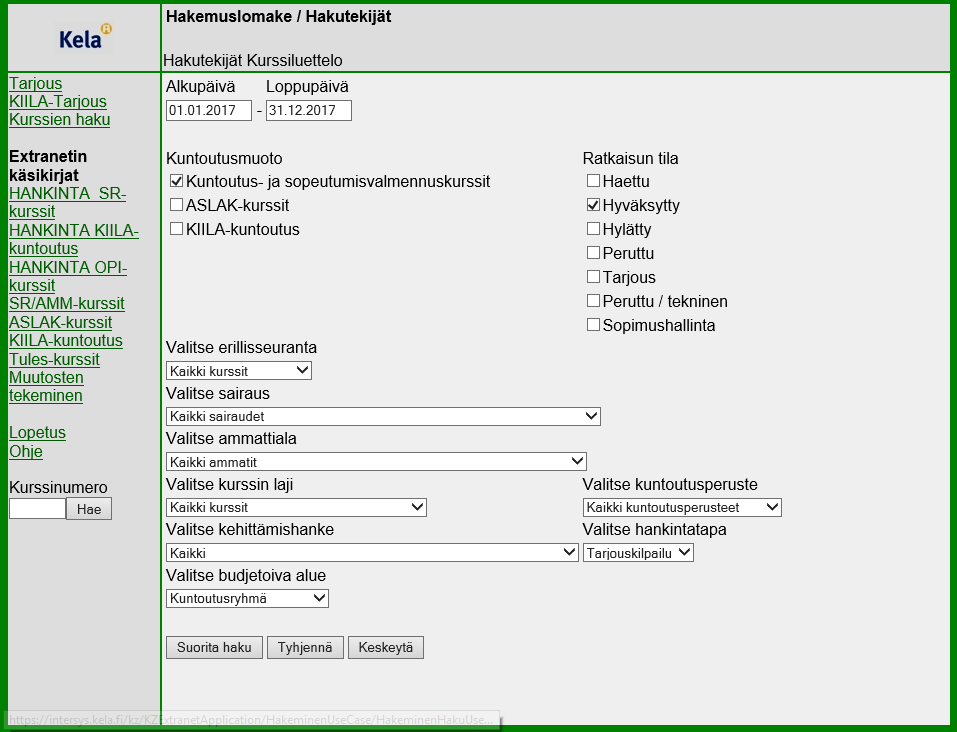 6 2 Kurssitietojen tarkistaminen ja täydentäminen 2.1 Hakutekijät Kurssien tarkistaminen ja täydentäminen aloitetaan navigointipalkissa olevilla toiminnoilla.