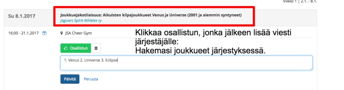 1. Joukkueisiin ilmoittautuminen Uusi harrastaja seurassa Uusien harrastajien ilmoittautuminen alkaa 2.1.2017!