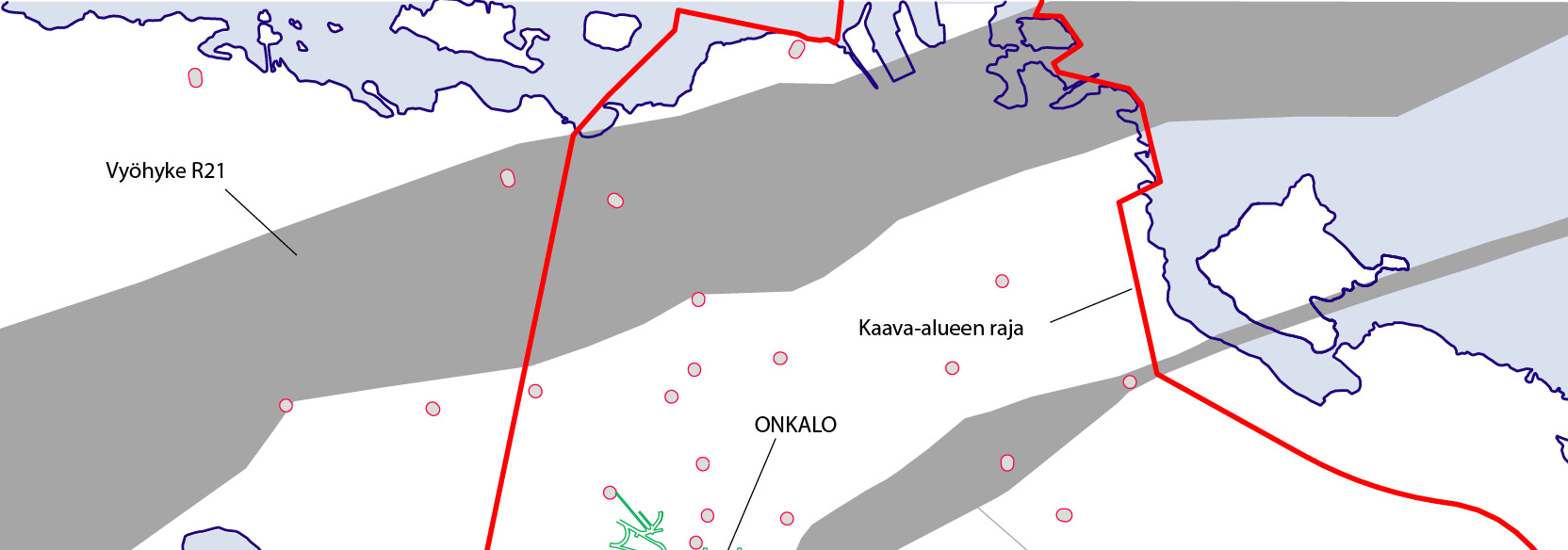 13 Kuva 3-2. Loppusijoitustilojen asemointia rajoittavat Olkiluodon kallioperän hydrogeologiset sekä hauraat siirrosvyöhykkeet suojavyöhykkeineen, kaava-alueen raja sekä kairanreiät ja rantaviiva.