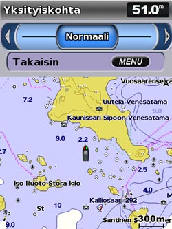 Voit lisätä kartan yksityiskohtien määrää painamalla keinupainikkeen oikeaa nuolta. Kartan ulkoasun muuttaminen Valitse aloitusnäytössä Kartat > Merikartta > MENU > Kartta-asetus > Kartan ulkoasu.