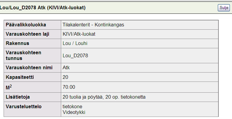 Ruudun yläosassa on tilan nimestä linkki kyseisen varauskohteen perustietoihin: Tähän näkymään voidaan sisällyttää kuvia ja muita dokumentteja, esim.