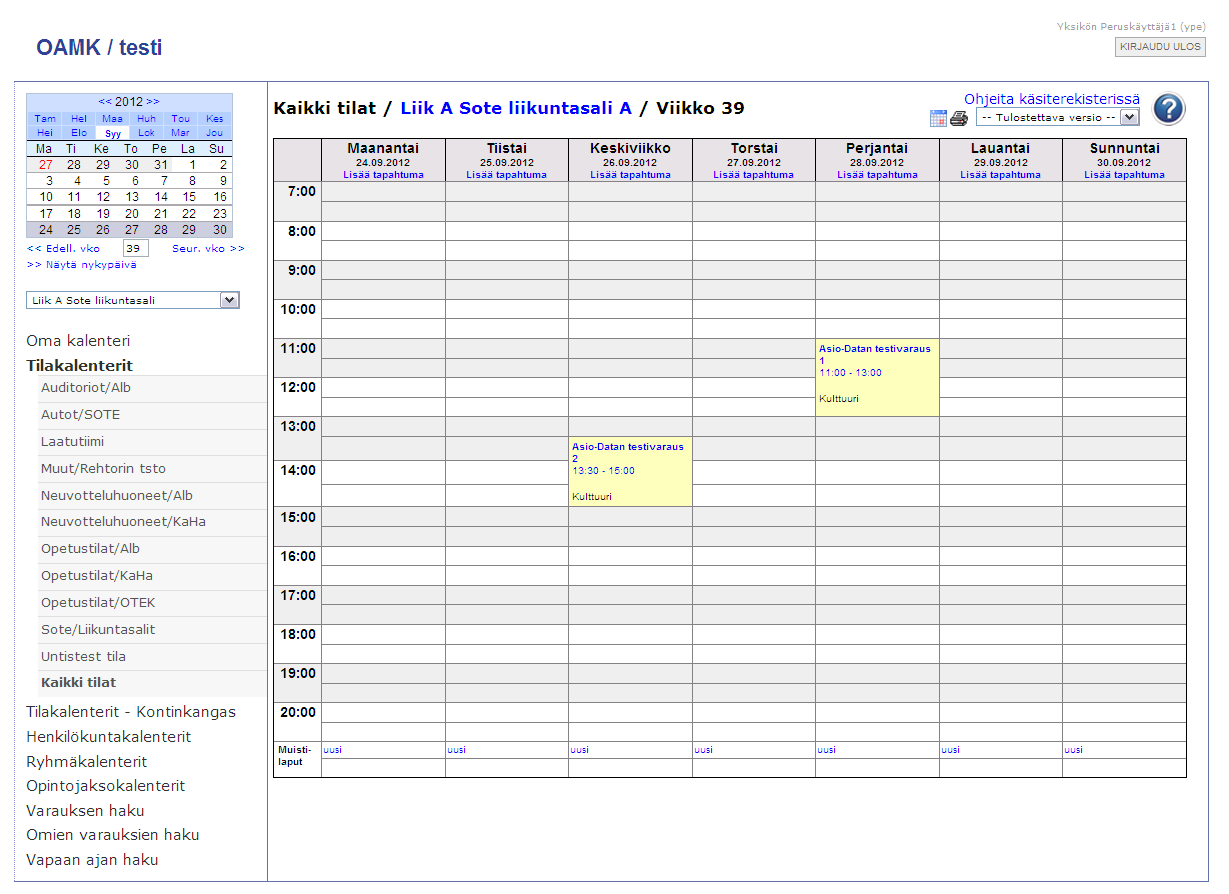 Valitaan kalenterista viikko 39, jolloin saadaan tämä kalenterinäkymä: Asio-Data on tehnyt kalenteriin kaksi testivarausta.