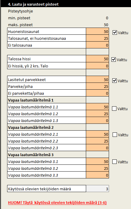 1. ASETUKSET Mallin oletusarvot perustuvat vuonna 2015 tehtyyn selvitykseen käyttöarvon pisteytysmenetelmistä Tarvittaessa: Määritä yhteisöllesi omat 1.1. käyttöarvon tekijöiden pistearvot 1.2. tekijöiden painoarvo-% VÄLILEHTI 1.