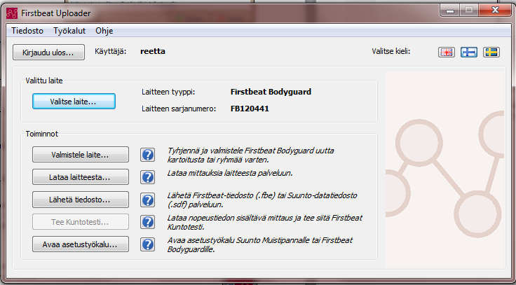 16 3.2.2 Firstbeat Bodyguard Käyttäessäsi vanhempaa Bodyguard -mittalaitetta valmistelu tapahtuu erikseen ladatun Uploader -ohjelmiston kautta.