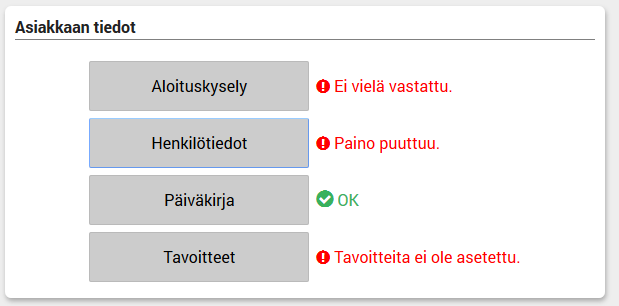 18 3.3 Asiakkaan tiedot (asiakas täyttää) Hyvinvointikartoituksen ensimmäisenä päivänä asiakas saa Hyvinvointianalyysista sähköpostiviestin, jossa olevan linkin kautta hän pääsee itse täydentämään