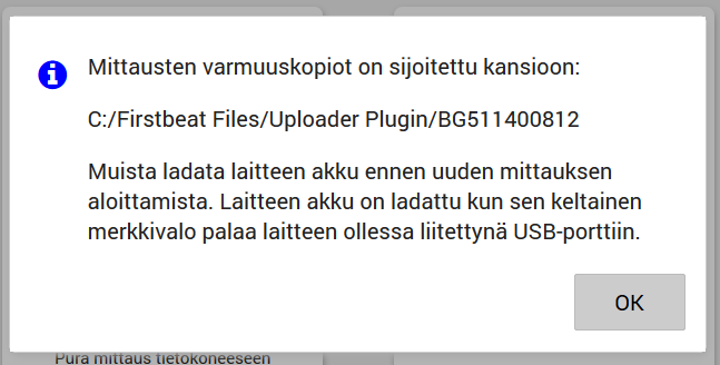 26 Mikäli haluat liittää kartoitukseen aiemmin puretun mittauksen, valitse Valitse mittaus. 3. Ohjelma alkaa siirtää mittauksia laitteelta palvelimelle.