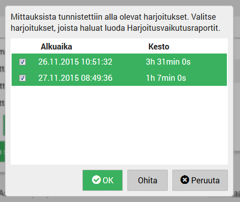 38 Mikäli olet luomassa harjoitusvaikutusraporttia, voit valita haluamasi harjoitukset raporttienluontivaiheessa avautuvasta ikkunasta.