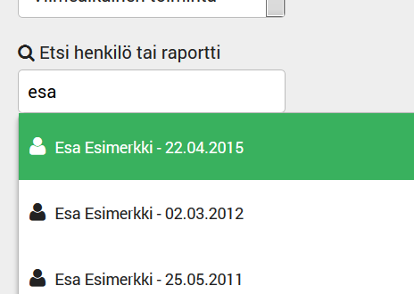 8 Hakukentän avulla voit etsiä henkilöitä tai raportteja. Kirjoittaessasi hakukenttään haluamasi henkilön nimeä, ohjelma listaa alle kaikki kartoitukset ja raportit, joista kyseinen nimi löytyy. 2.