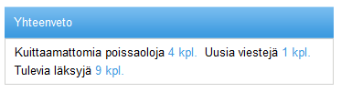 4 / 21 2 ETUSIVU Helmen etusivu on jaettu neljään osaan: Yhteenveto, Lukujärjestys/Kotitehtävät/Merkinnät, Viestit sekä Kokeet. 2.1 YHTEENVETO Yhteenveto-osassa on lueteltuna poissaolot, uudet viestit sekä kotitehtävät.