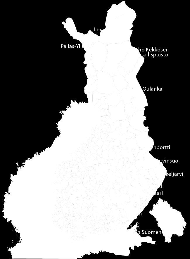 Kansallispuistot ja muut suojelualueet 39 kansallispuistoa 19 luonnonpuistoa 7 valtion retkeilyaluetta 12 Lapin