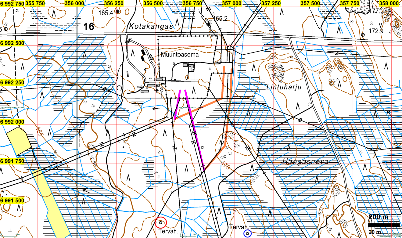 3 Yleiskartat Inventoidut voimajohtolinjat: violetilla: purettavat sähkölinjat, oranssilla: rakennettavat sähkölinjat.