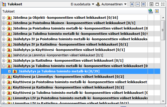 teessä 2. Punaisella olevat putket kuvaavat tuloilmakanavia ja vihreä sekä sininen putki ovat jäähdytysputkia. Kuva 15. Tulokset-näkymä, jossa tekniikan väliset risteämät on jaettu ryhmittäin.