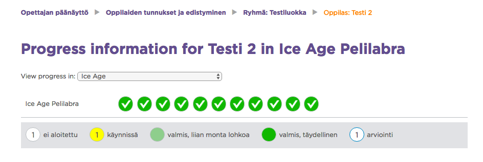 OPPITUNNIN ARVIOINTI Oppilaiden edistymisen seuranta Oppilaan nimeä painamalla pääset seuraamaan oppilaan edistymistä tehtävätasolla.