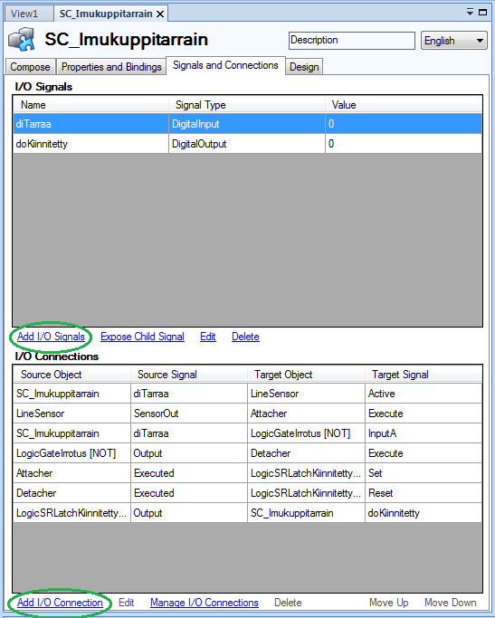 22 Signals and Connections -välilehdellä Add I/O Signals -valikossa imukuppitarraimelle tehdään ohjaussignaalit, nimetään ne ja määritellään signaalityyppi sekä arvo.