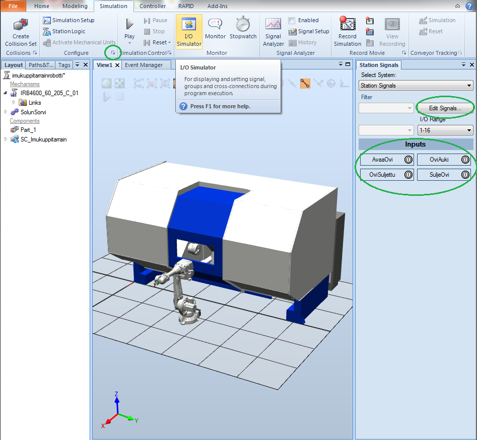 26 Simulation-välilehden I/O Simulator -toiminnolla tehdään sorvin ovimekanismille ohjaussignaalit Edit Signals -painikkeella.