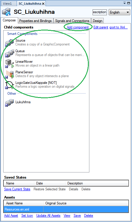 29 Compose-välilehden Add component -valikosta valitaan liukuhihnassa tarvittavat komponentit eli Source-, Queue-, LinearMover-, PlaneSensor- sekä LogicGate-toiminnot.
