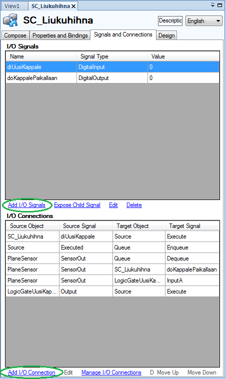 31 Signals and Connections -välilehdessä Add I/O Signals -valikossa määritetään liukuhihnan ohjaussignaalit.