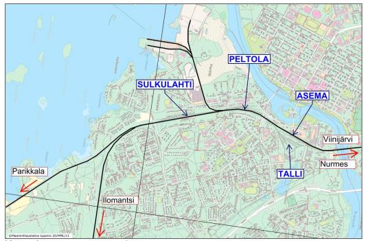 5 4.1 Nykytila Joensuun rautatieliikennepaikka jakautuu kolmeen osaan: Joensuu Sulkulahti (622+650, tavaraliikenne) Joensuu Peltola (623+540, tavaraliikenne) Joensuu asema (624+313, henkilöliikenne)