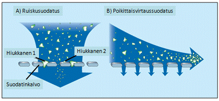 Kuva 5. Ruisku- ja poikittaisvirtaussuodatuksen kaaviokuva (muokattu lähteestä Brainerd, 2001). kokoalueella (1 1000 nm).