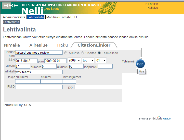 E-lehdet Nelli-portaalissa 7 (8) Lehtivalinta: CitationLinker Kun klikkaat kohtaa CitationLinker, voit etsiä
