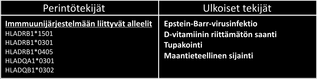 Kuva 1. MS-taudin tunnettuja riskitekijöitä. Immuunijärjestelmään liittyvien geenien alleelit selittävät 20 60 % MS-taudin periytyvyydestä (26).