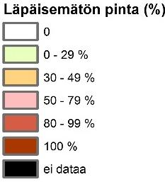 Östersundominpuron valuma-alue Aineisto Päällystetty (%) Päällystämätön (%) TIA (%) Maastotietokanta 0,30 98,50 20,95 Corine Land Cover (2006) 7,30 92,32 8,63 Soil Sealing 1,7 - Kallioiden osuus