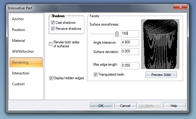 KUVA 21. IronCAD STL:n parametrien asetus Auenneesta valikosta asetetaan parametrit seuraavasti: 4. Säädetään Surface smoothness kappaleelle sopiville arvoille.