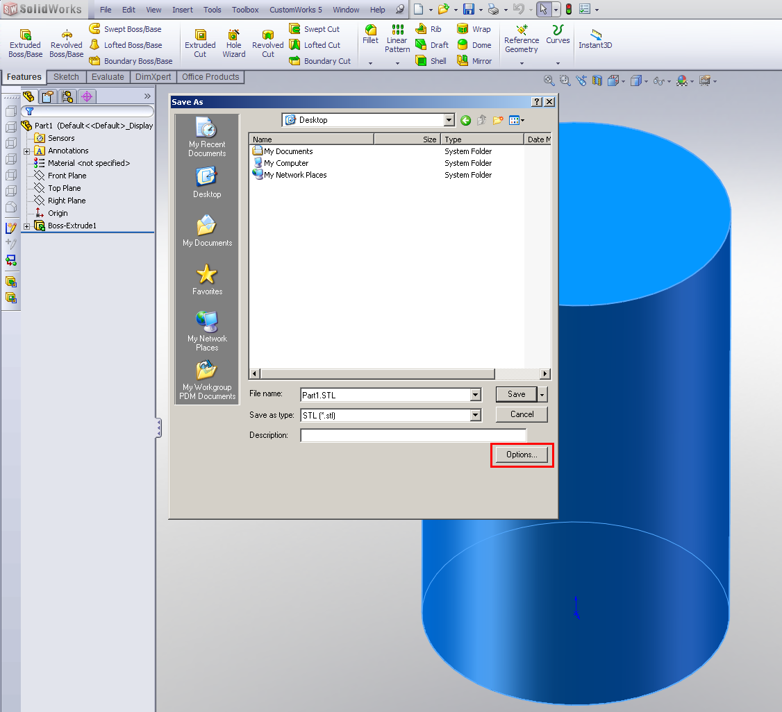 KUVA 24. Solidworksin STL-tiedoston luonti Asetetaan parametrit kappaleelle sopiville arvoille: 3. Deviationia pienentämällä saadaan koko mallista tarkempia tiedostoja (kuva 25).