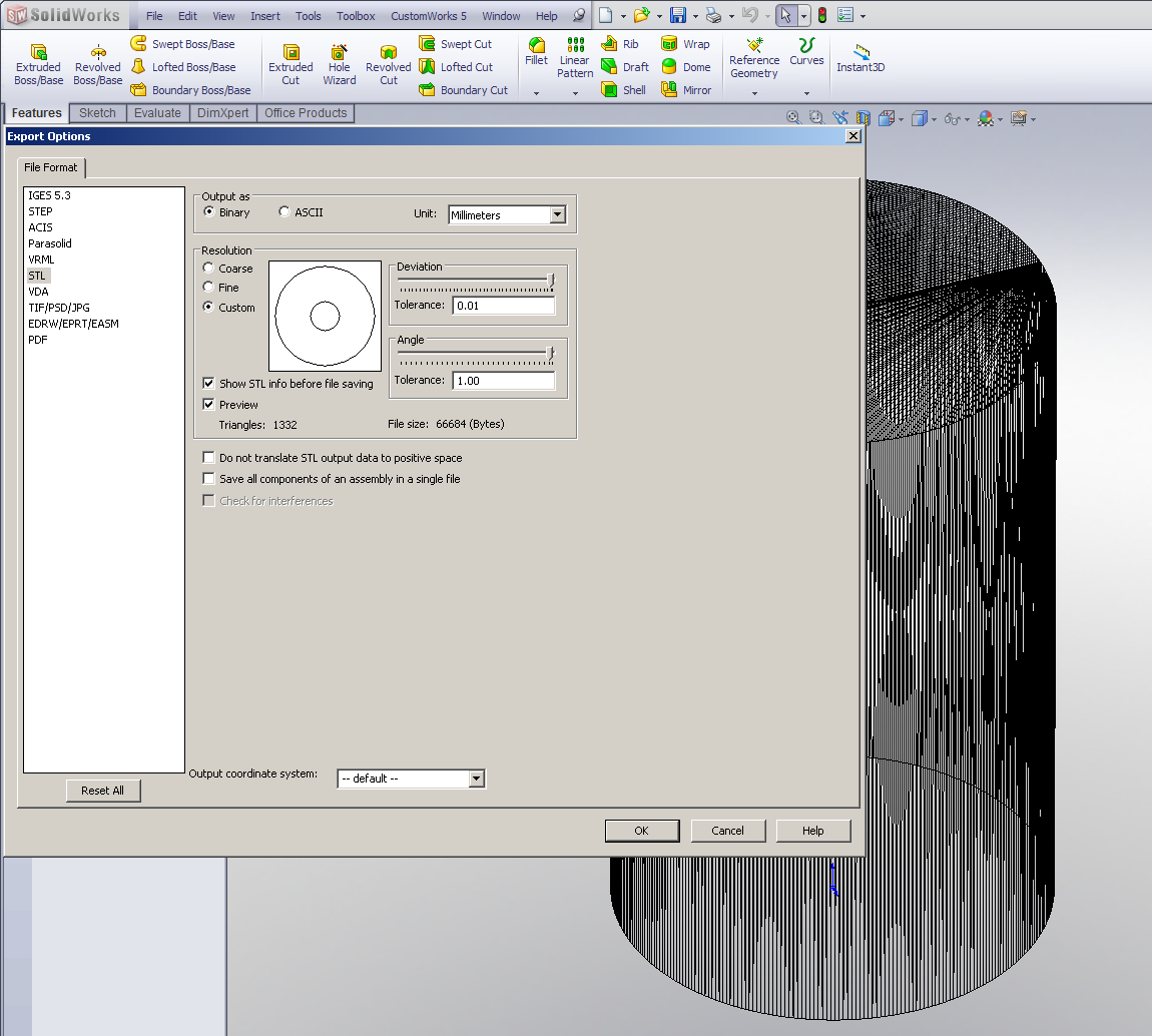 KUVA 25. Solidworks STL-tiedoston parametrien asettelu Parametrien asetusten jälkeen tiedosto on valmis tallennettavaksi: 5.