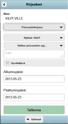 12 Kuva 7. Lasten poissaolojen kirjausnäyttö Perhepäivähoidon ohjaajan tehtäviä tässä prosessia on hyväksyä tai muuttaa hoitajan tallentamia tietoja Web UI:ssa.