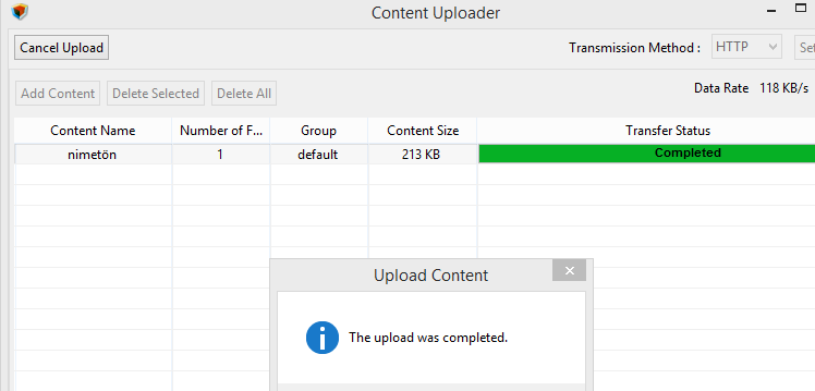 Content Uploader sovelluksessa siirtotavaksi (Transmission Method) valitaan HTTP, ja Add Content painikkeella siirrytään valitsemaan ladattavaa sisältöä.