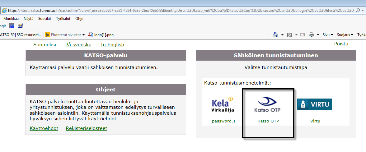 Palveluntarjoajaan on kytketty Näkymään kirjaudutaan Katsotestiorganisaation y-tunnus ja kyseisen OTP:llä organisaation Katso-tunnisteella pääsee