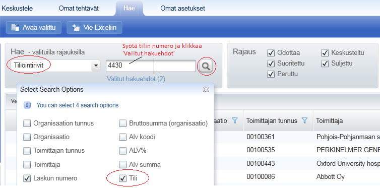 Laskuarkisto Tiliöinnillä haku: jos haluat hakea tiliöityjä laskuja esim.